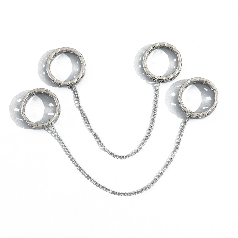 

95AB 2Pcs/set Exaggerated Chain Street Shooting Ring Long Chain Double Finger Ring Trend One-piece Ring for Women Men