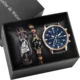 New 3 Pcs Men's Watch Set Personalized Vintage Bracelet Blue Large Dial Leisure Quartz Wristwatch Gift Box Birthday for Husband Other Image