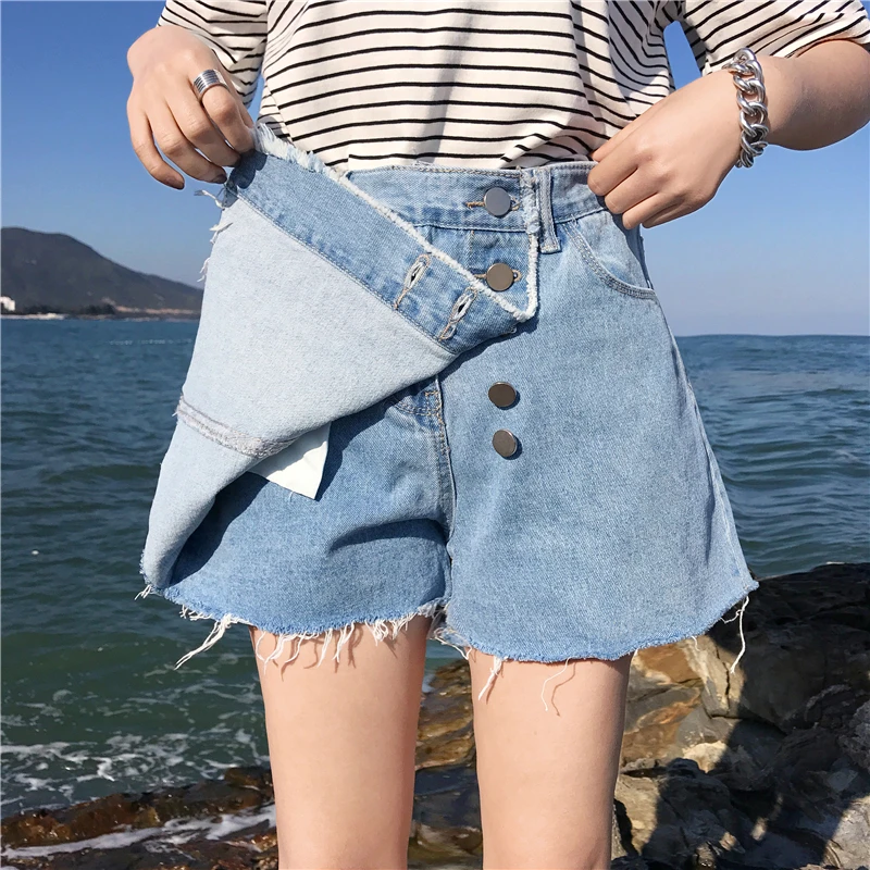 Summer Women's Jeans Skirt Shorts High Waist Irregular Shorts Skirts Fashion Raw Edge Fake 2 Piece Wide Leg Skirt Denim Shorts