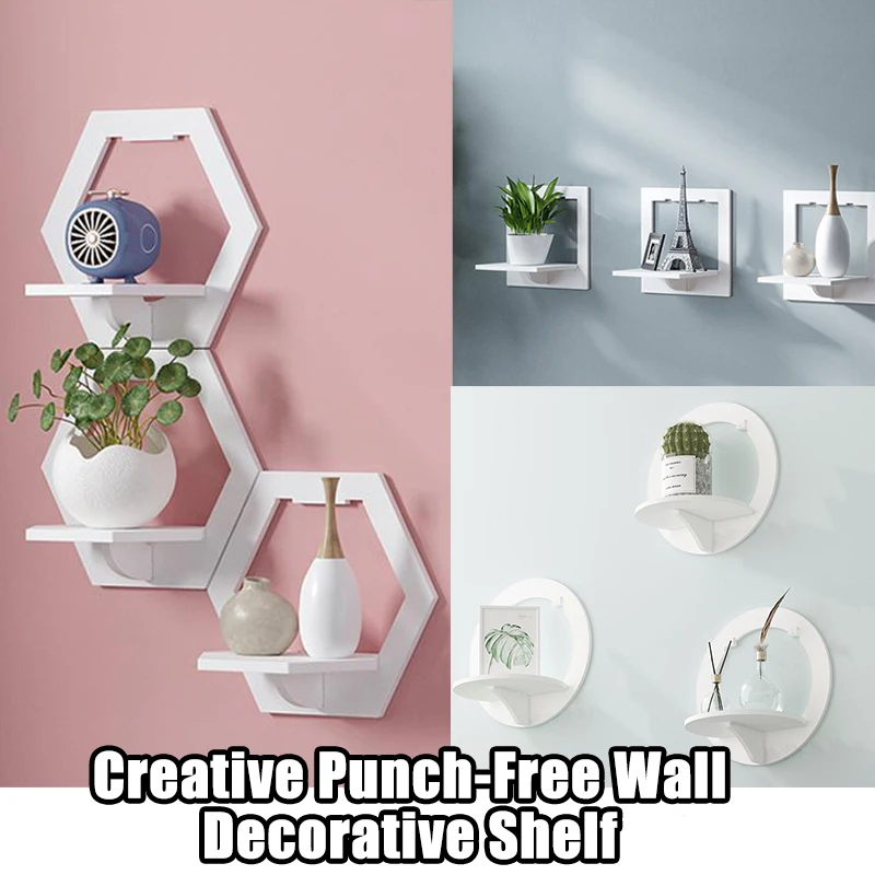 

Creative Punch-Free Wall Decorative Shelf Home Wall-Mounted Floating Storage Shelf Hanging Bedroom Wall Decor Display Shelf