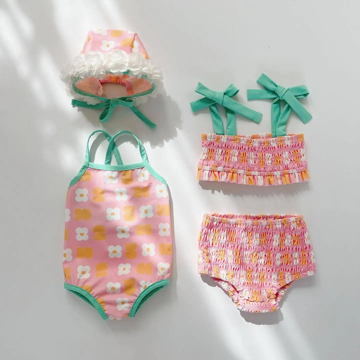 

Girl Sweet Swimwear Set Bikini+ Shorts With Dimensional Lace Cap 3pc Suit Girls Retro Swimming Jumpsuit Swimsuit For Infant 2pc