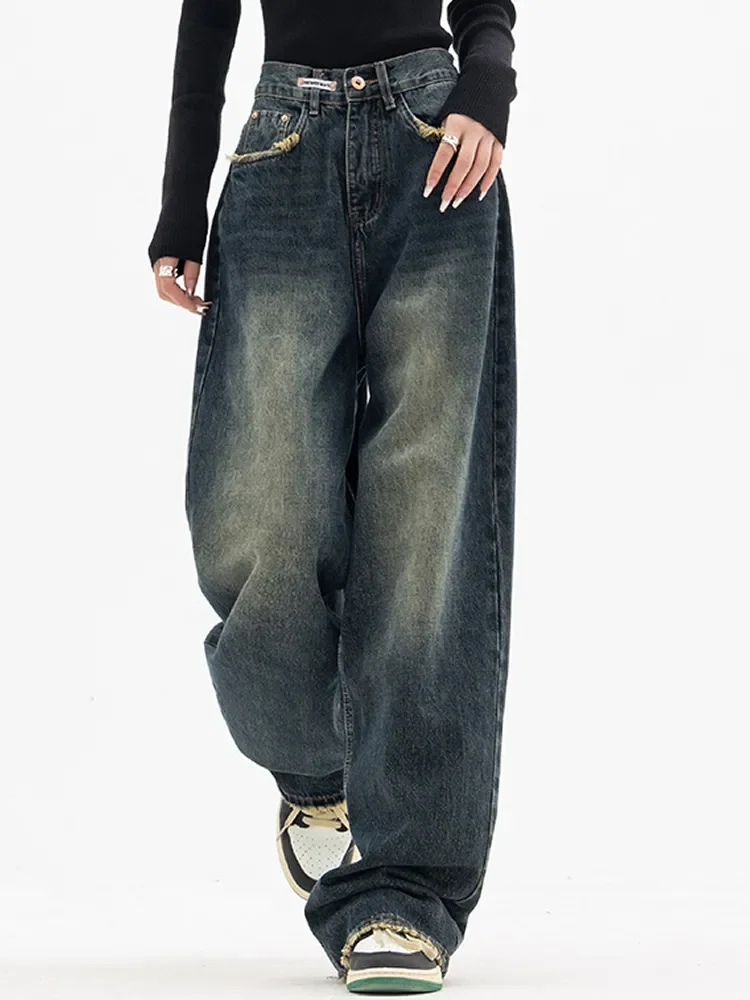 

Women's retro street outfit Korean version Baggy Blue jeans high waisted straight leg wide leg pants denim pants fairy