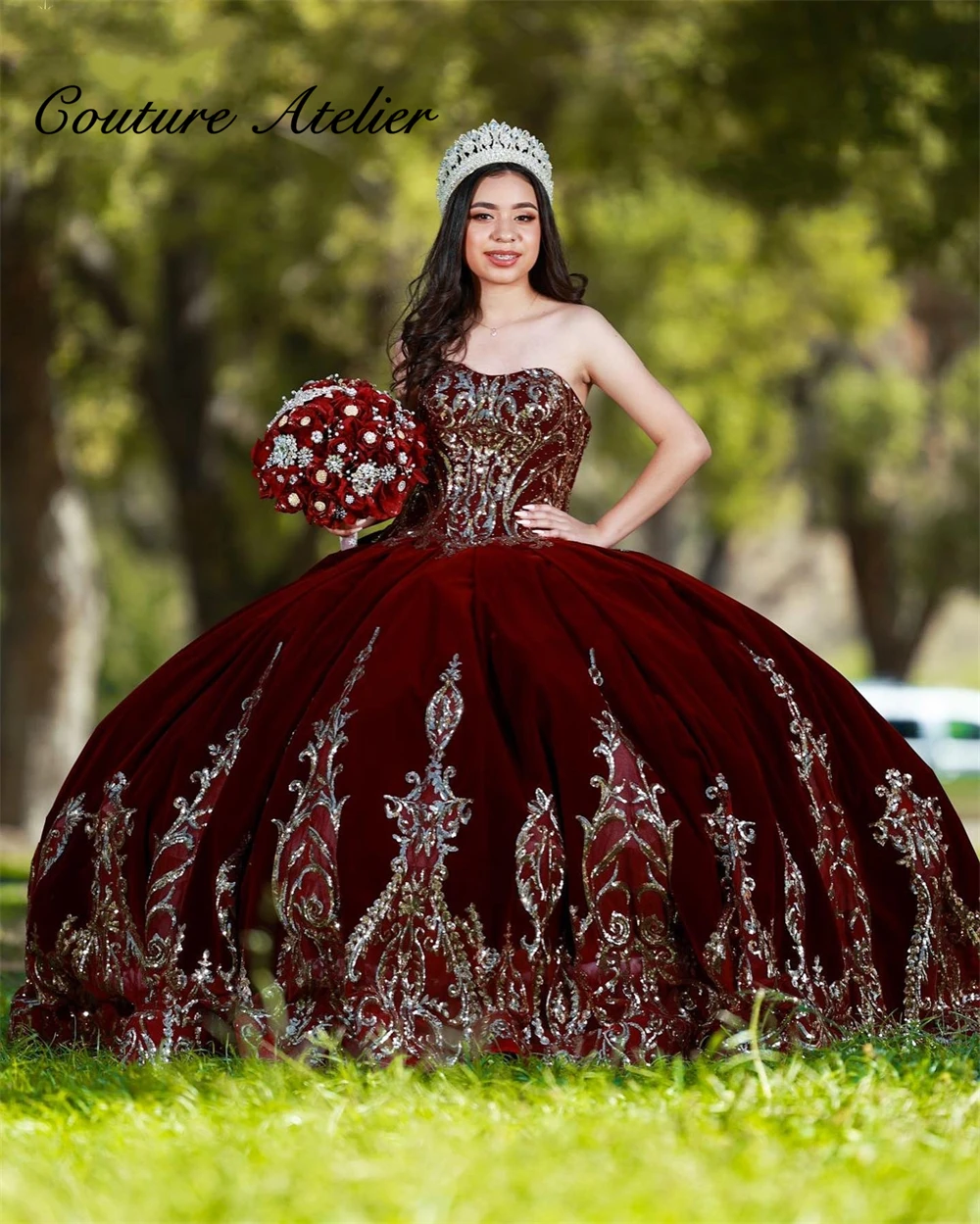 

Burgundy Velvet Quinceanera Dresses Beaded Ball Gown Birthday Party Dress Lace Up Graduation Gown Sweetheart vestido de 15 anos