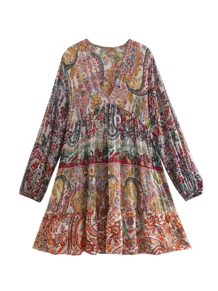 

ZXQJ 2022 модное женское мини-платье с принтом, винтажные свободные женские платья с длинным рукавом и V-образным вырезом, платья