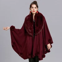 womens black big pendulum capes poncho 2022 winter fur ball shawl oversized knitted sweater big faux fox fur neck cardigan coat