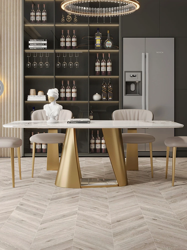 

Bright rock plate dining table household modern simple light luxury high-end stone rectangular marble dining table chair combina