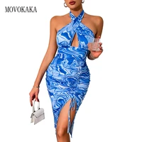 movokaka woman summer sexy club dress women party backless slim shirring vestids elegant casual neck mounted midi print dresses
