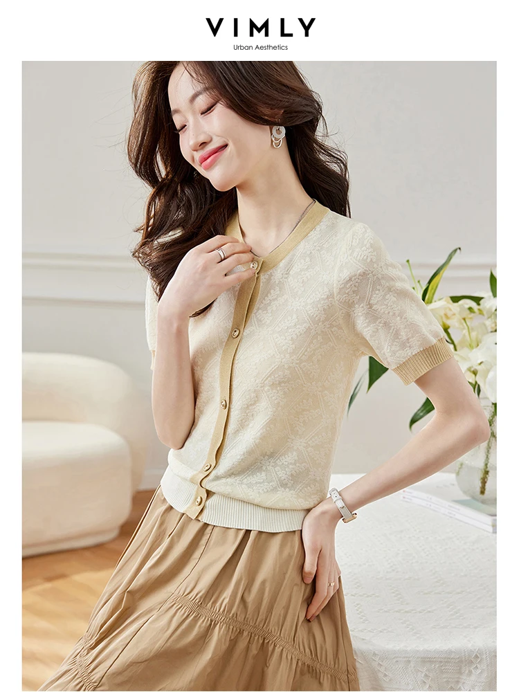 

Vimly Jacquard Rib Knit Cardigans for Women 2023 Elegant Straight Loose Fit Strecth Summer Sweater Knitwear Tops Female Clothing