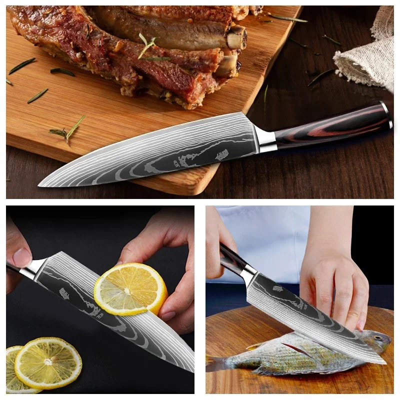 Laser Damascus Kitchen Knives Stainless Steel Balde Japanese Knife Fish Filleting Cleaver Meat Bread Slicing Chef Set