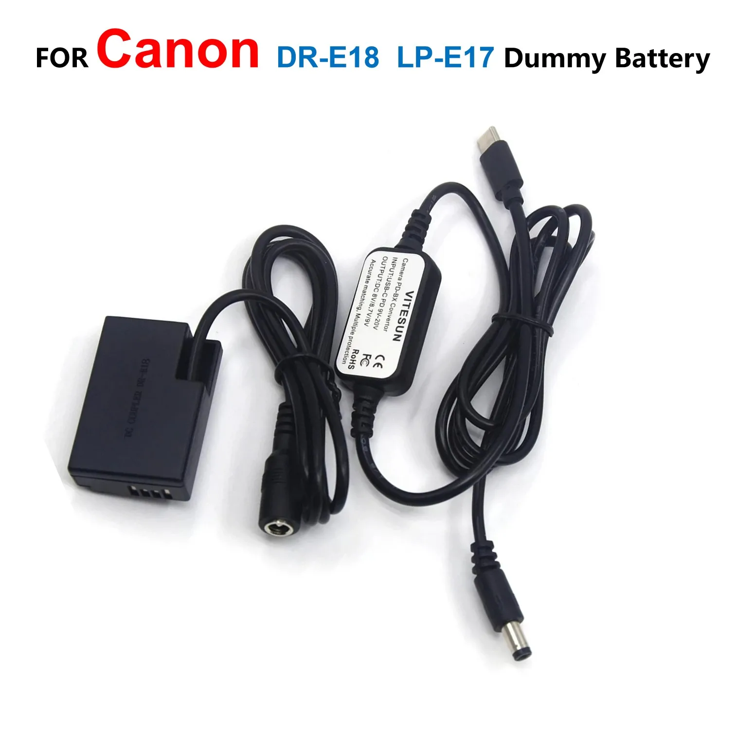 

LP-E17 DR-E18 Dummy Battery USB Type C USB-PD Converter To DC Cable For Canon EOS 750D Kiss X8i T6i 760D T6S 77D 800D 200D