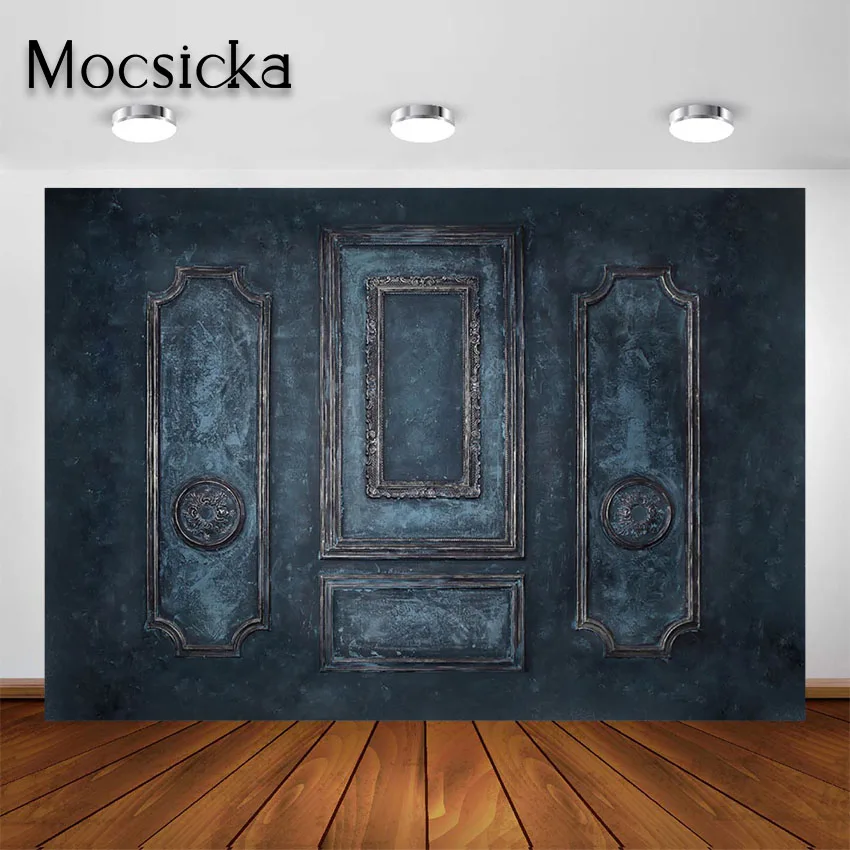 

Mocsicka Dark Blue Retro Door Photography Backdrops Shabby Panels Room Portrait Photocall Photoshoot Background Photo Studio