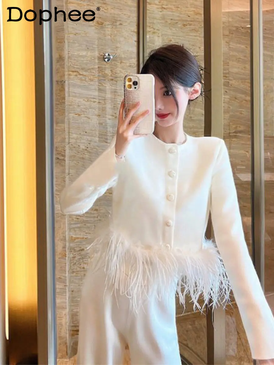 

Luxury Feather Short Woolen Coat Women Autumn Winter High-end Socialite Western Style All-Matching White Wool Jacket Top Casacas