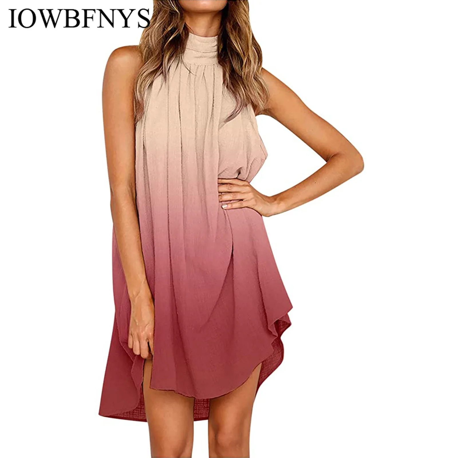 

Women Dress Irregular Hem Gradient Round Neck Pleated Off-shoulder Gradient Print Sleeveless Vest Dress Women Tank Dress Beach