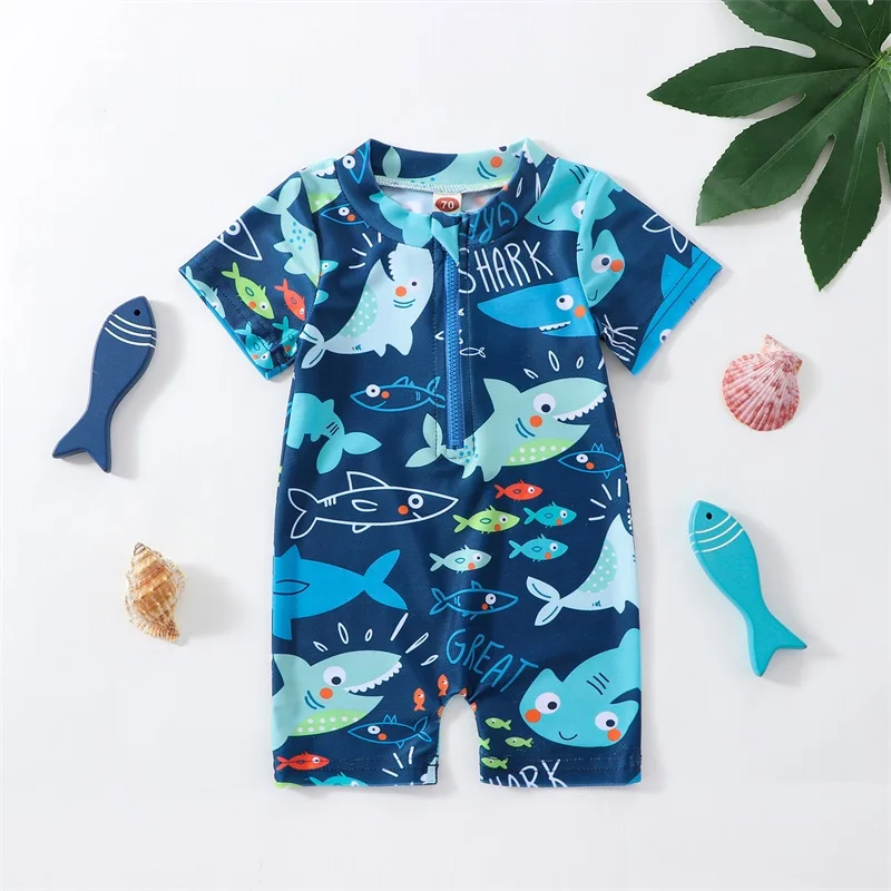 Newborn Baby Infant Boys Swimsuit Cartoon Shark Print Short Sleeve Round Neck Half Zipper Bathing Suit Swimwear Beachwear