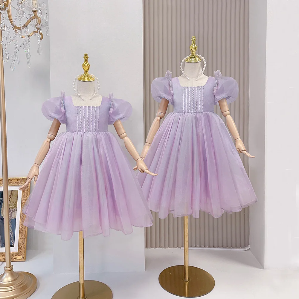 

Summer 2022 New Arrivals Girls Short Sleeve O Neck Mesh Purple Muti Roupa Infantil Menina Cute Party Dress Custume 2-7T