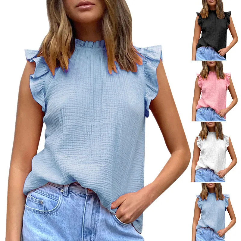 

2022 Summer Women's Fashion Lotus Leaf Collar Formal Dress Sleeveless Solid Color Casual Chiffon Top Women's T-shirt De Mujer