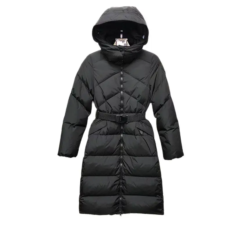 

Пуховик женский зимний средней длины, с капюшоном и перьями белой утки