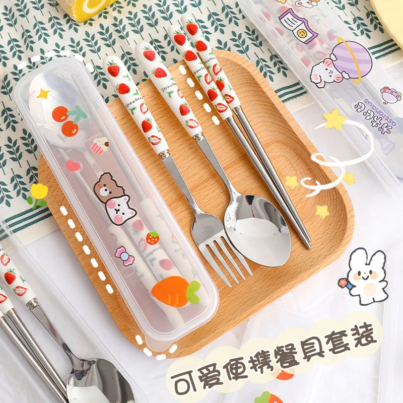

3pcs Ceramics Stainless Steel Tableware Two or Three-piece Set Chopsticks Fork Spoon Portable Outdoor Travel Work Tableware Box