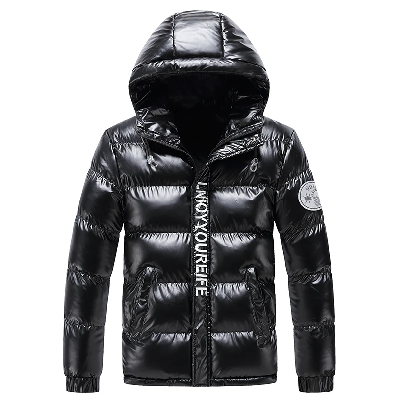 Men's Black Down Jacket Casual Parka Outwear New Bright Leather Winter Waterproof Puffer Padding Warm Stand With Hooded Coat