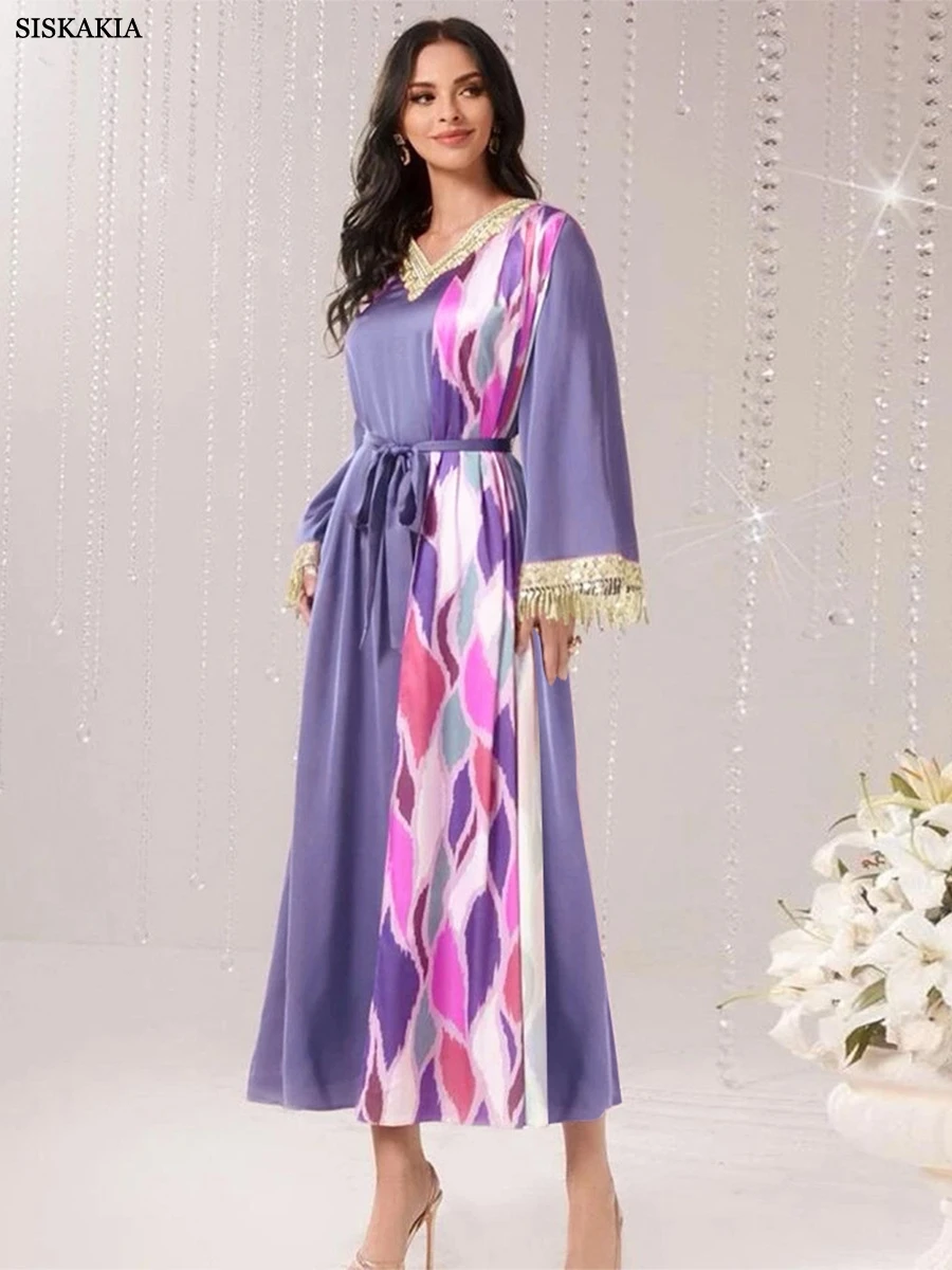 

Женское платье с поясом Siskakia, платье в турецком стиле с цветочным принтом и кисточками, платье с длинными рукавами и v-образным вырезом, марокканский халат Jalabiyat