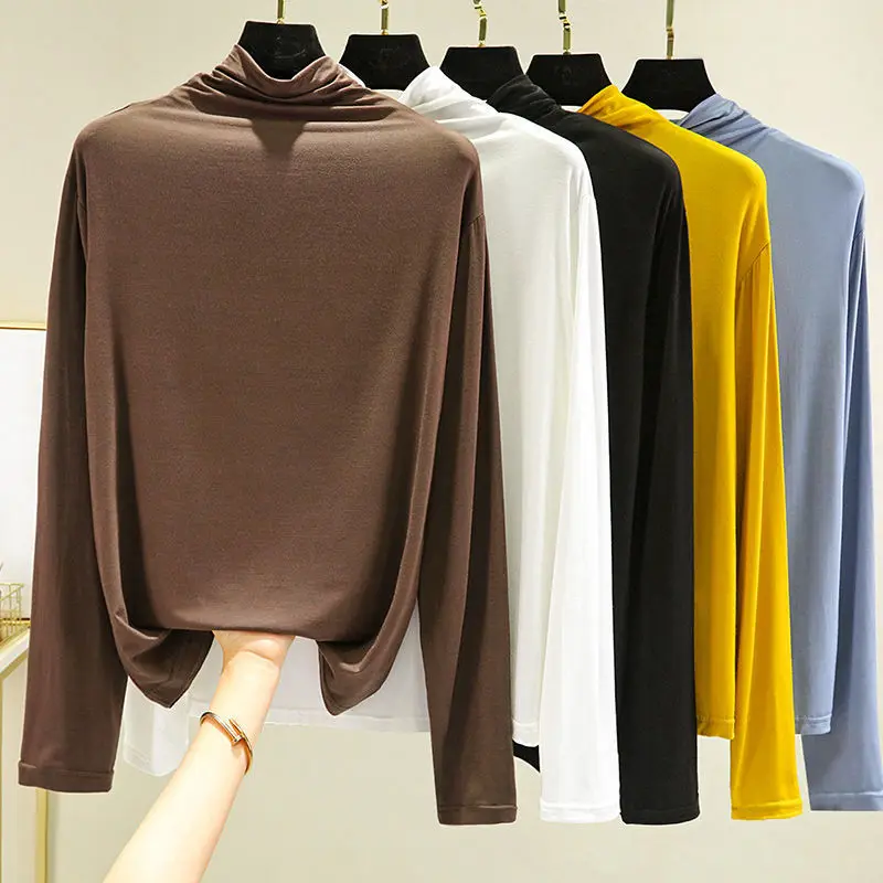 

Женские толстые теплые футболки, Женская облегающая Однотонная футболка с высоким воротником, футболка с длинным рукавом, топ, одежда, женс...