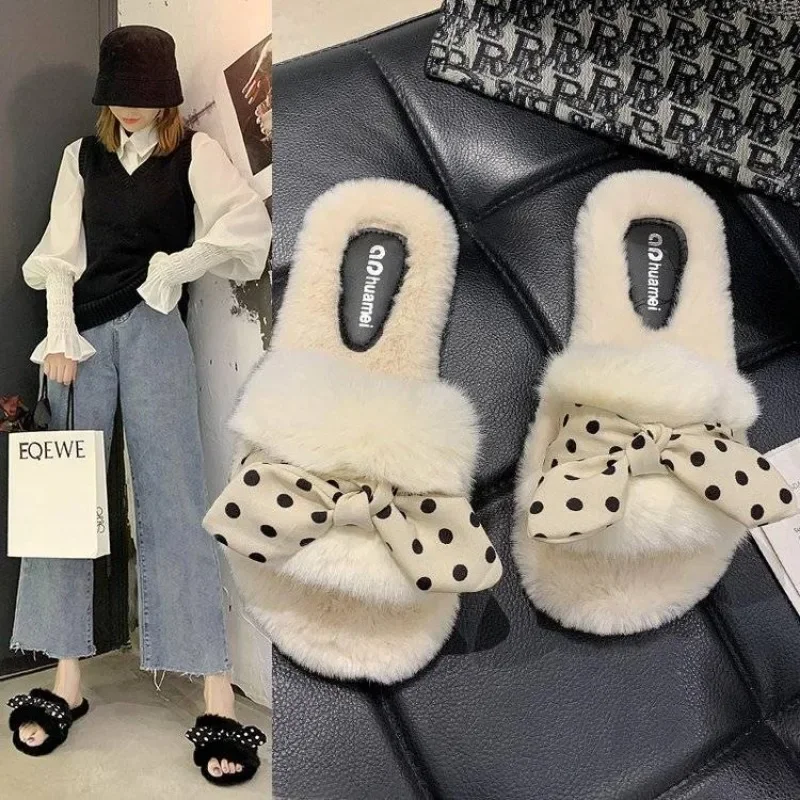 

SLTNX 2023 Autumn and Winter New Thick Bottom Bow Fluffy Slippers Women's Wear Fashion Comfortable Home Elegant Cotton Slippers