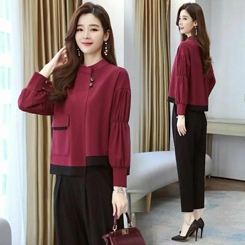 

Fashion Long Sleeve Shirt 2pcs Women Suits Autumn Matching Sets Solid Loose Pants Sets Casual Pencil Trousers Oversized J380