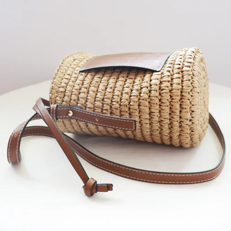 

Women Casual Straw Woven Cylinder Bag Lady Vocation Drawstring Cover Bucket Shoulder Bag Female Summer Outdoor Shopping Handbags