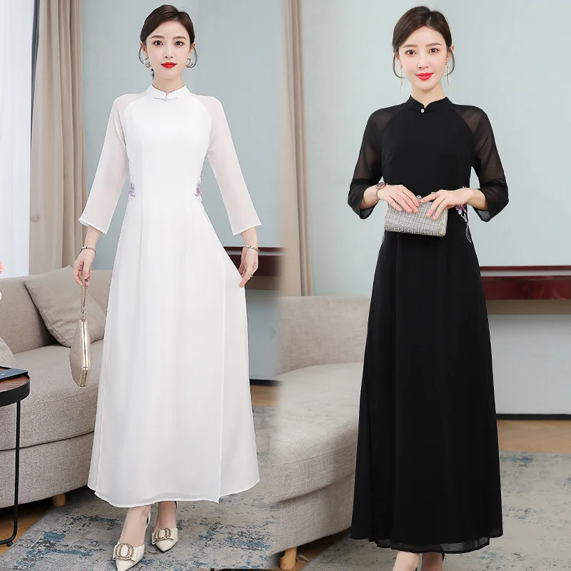 

White Black Embroidery Dress Modern Women Chinese Traditional Long Qipao China Style Vintage Robe Eleganti Female Vietnam Ao Dai