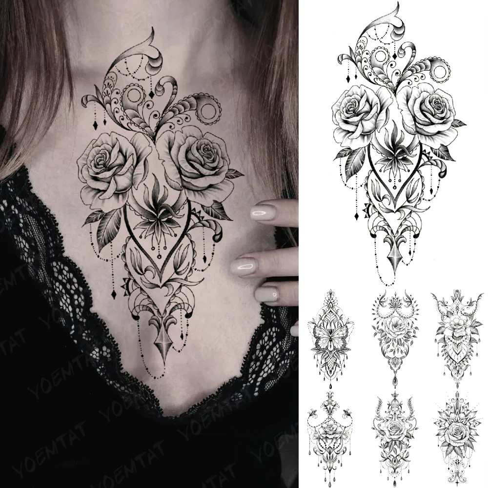 

Rose Henna Waterproof Temporary Tattoo Sticker Lace Flower Mandala Totem Butterfly Flash Tatto Women Men Arm Body Art Fake Tatoo