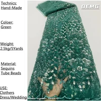 oemg summer womens high quality 5yards luxury handmade bead sewing materials french mesh lace fabirc for bride dress dp0070