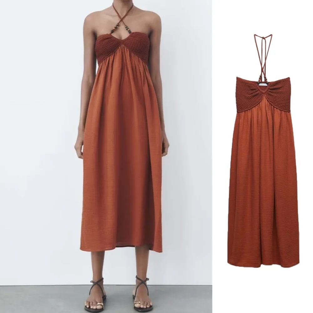 

PB&ZA 2023 Summer New Women's Sexy Off Shoulder Beaded Hanging Neck Neck Knitted Splice Strap Dress 0234101