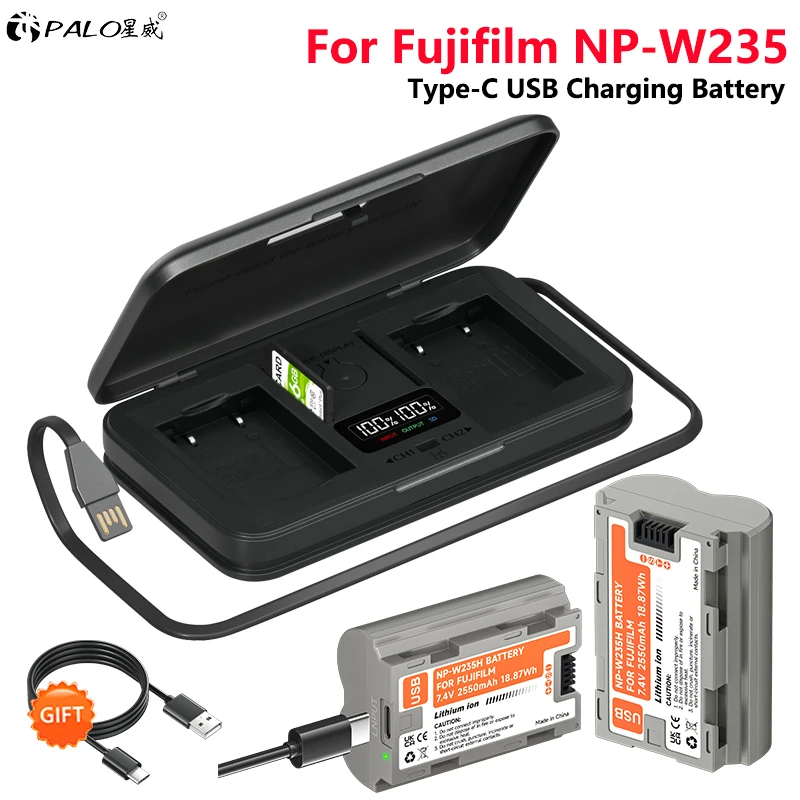 Фото Аккумулятор 2550mAh NP-W235 USB-C NP W235 + двойное зарядное устройство LCD USB для камеры Fujifilm X-T4 X-T5 GFX 100S GFX 50S II VG-XT4 X-S20 X-H2 №1