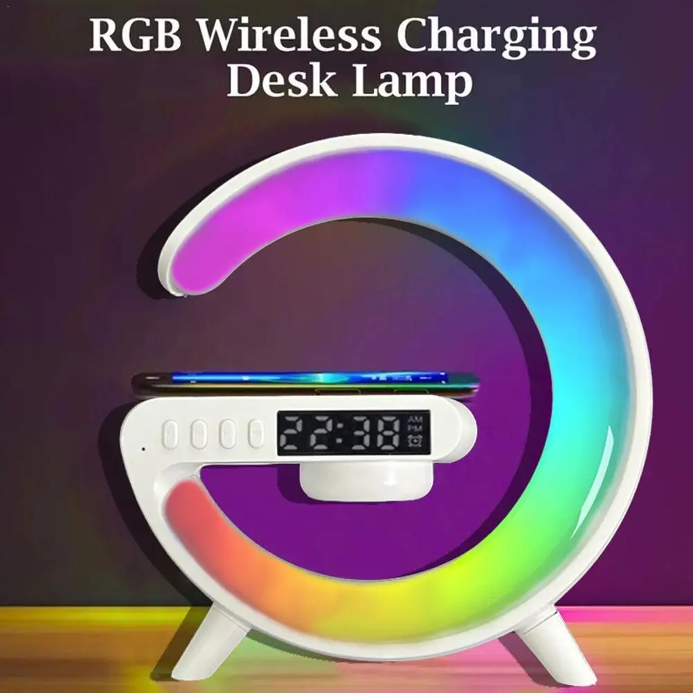 

Multi Function G-Shaped Wireless Charger LED Lamp RGB Atmosphere Table Lamp Alarm Clock Speaker Bedside Led Lights