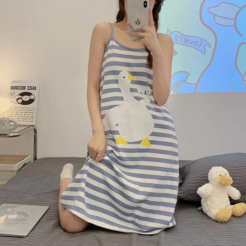 CAIYIER Korean Women Nightdress Summer Sling Sleeveless Sleepdress Cute Cartoon Stripe Print Female Nightgowns Casual Home Dress
