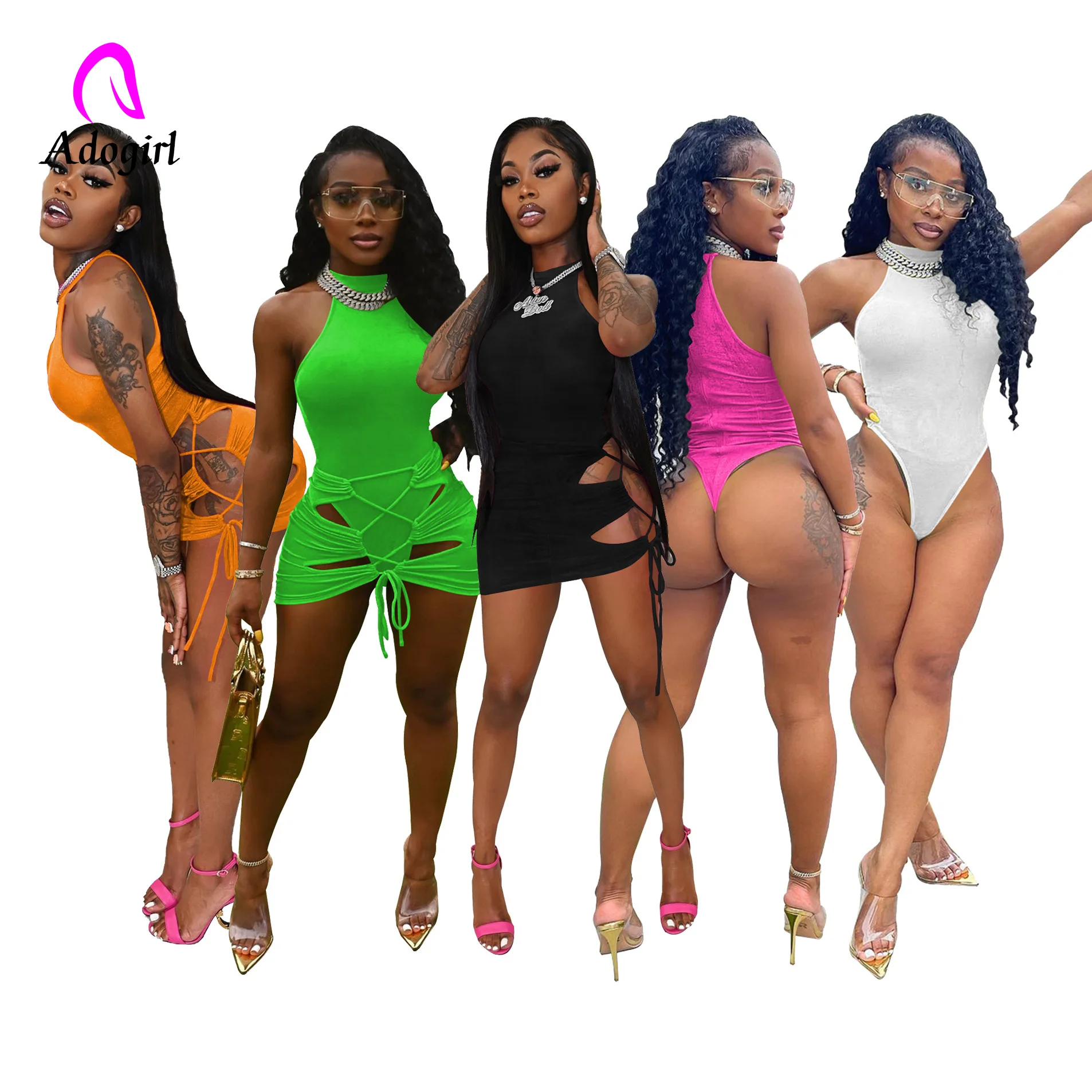 

Beach 2 Piece Set 2022 Summer Neon Color Women Bandage Skirts Set Solid Mock Neck Sleeveless Bodysuit Sexy Night Club Tracksuits