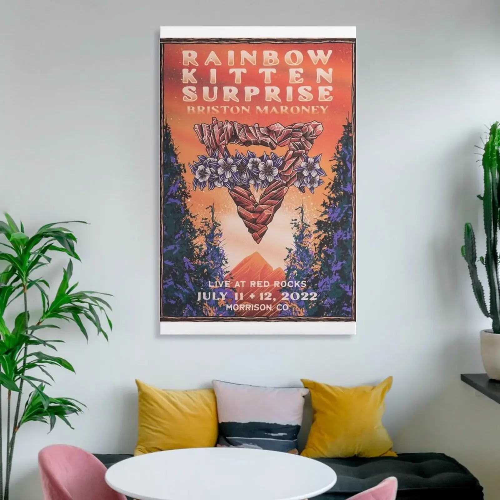 Радужный котенок сюрприз на красной скале волшебная луна зеленая Картина холсте