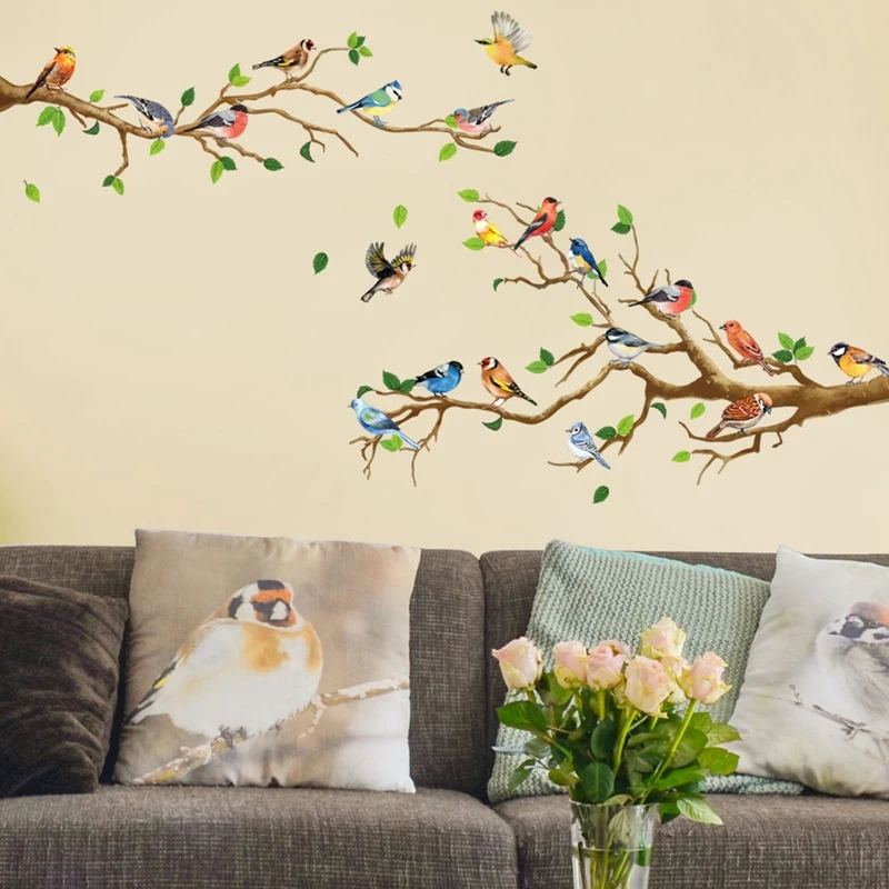 

Chinese Style Vintage Bird Sticker Living Room Sofa Wall Decor Stickers Mural Art 3d Tree Branch Green Leaves Stikers