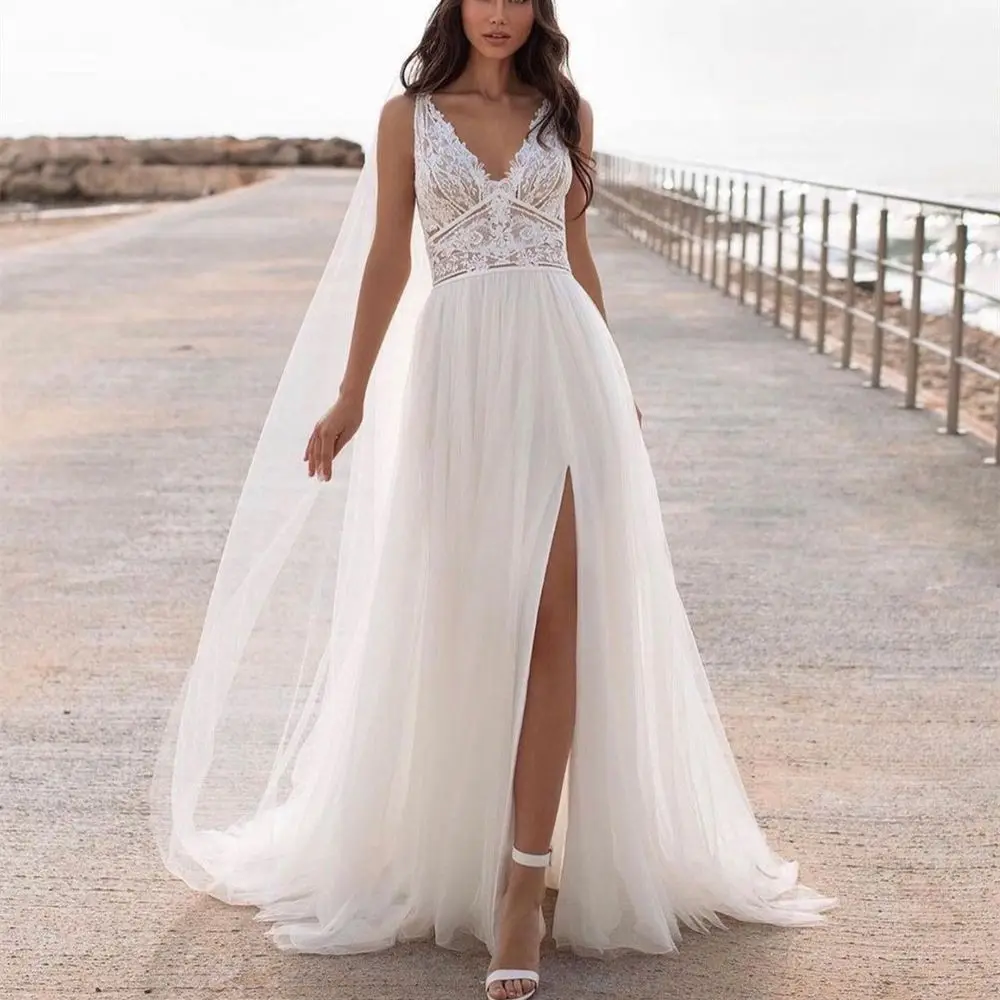 

Богемное свадебное платье, кружевное, с разрезом, без рукавов, из органзы, а-силуэт, винтажное, гражданское, свадебное платье, стиль бохо, ран...