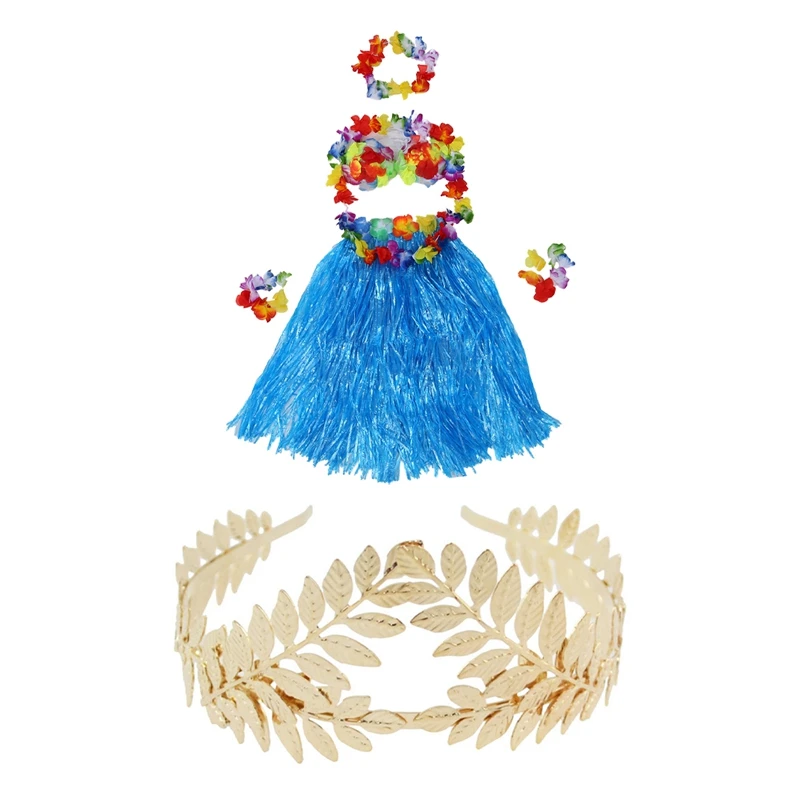 

Hawaiian Grass Skirt Flower Hula Lei Wristband Garland Fancy Dress With Bridal Tiara Crown Vintage Bride Hair Hoop