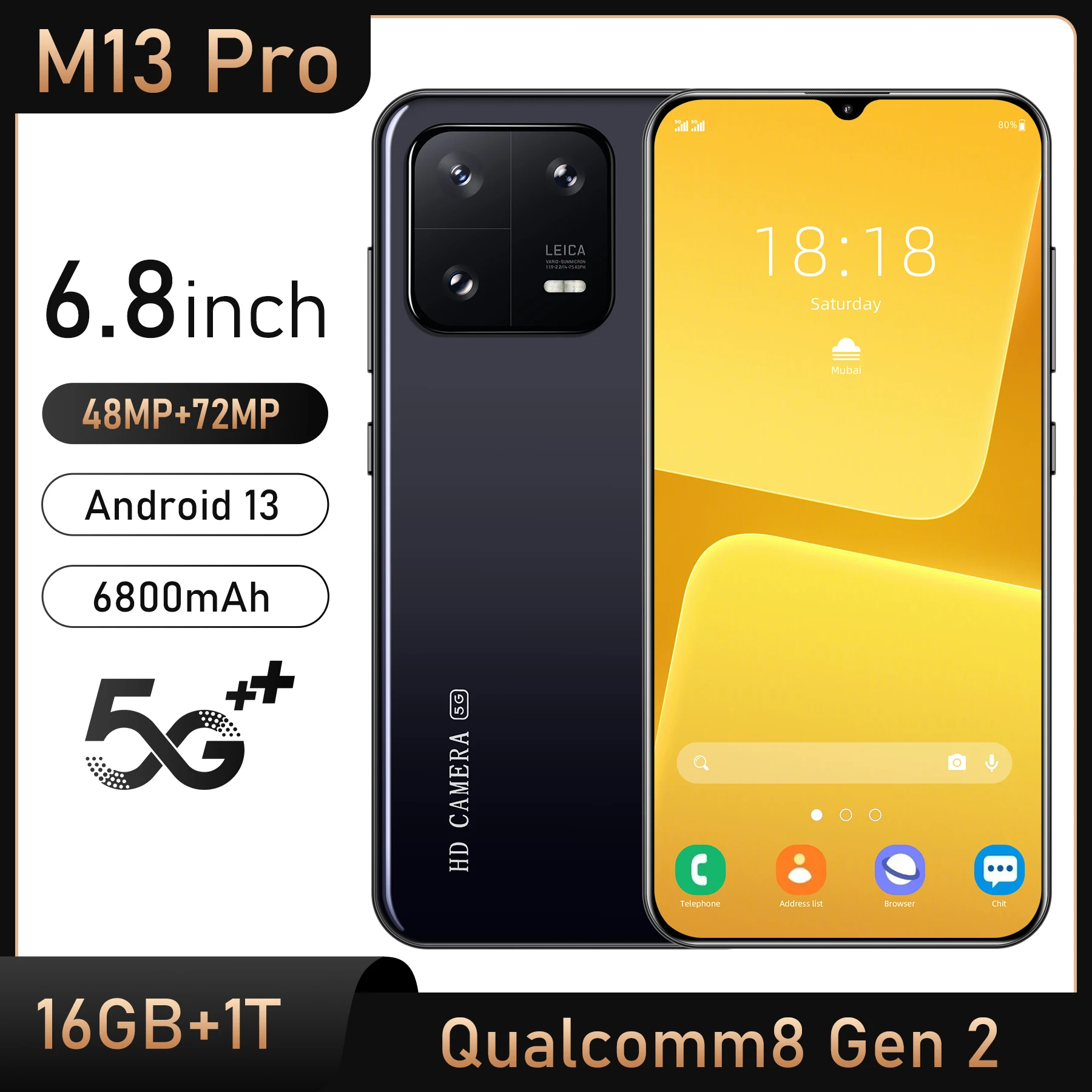 

Смартфон Android M13 Pro, 6,8 дюйма, 16 ГБ + 1 ТБ, 48 Мп + 72 МП