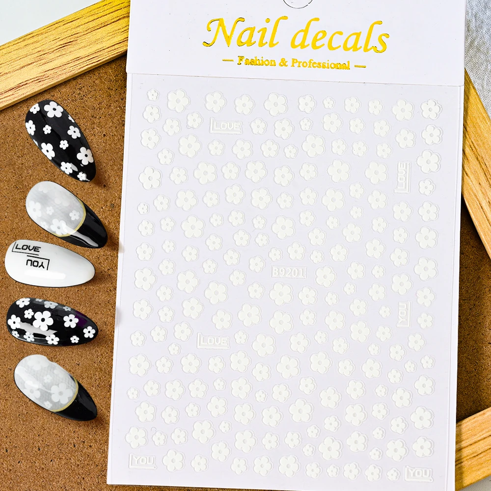 

1Sheet Five-petal Flower 3D Nail Stickers Self Adhesive White/Black Transfer Slider 1pc Mini Colorful Floral Manicuer Decals &*&