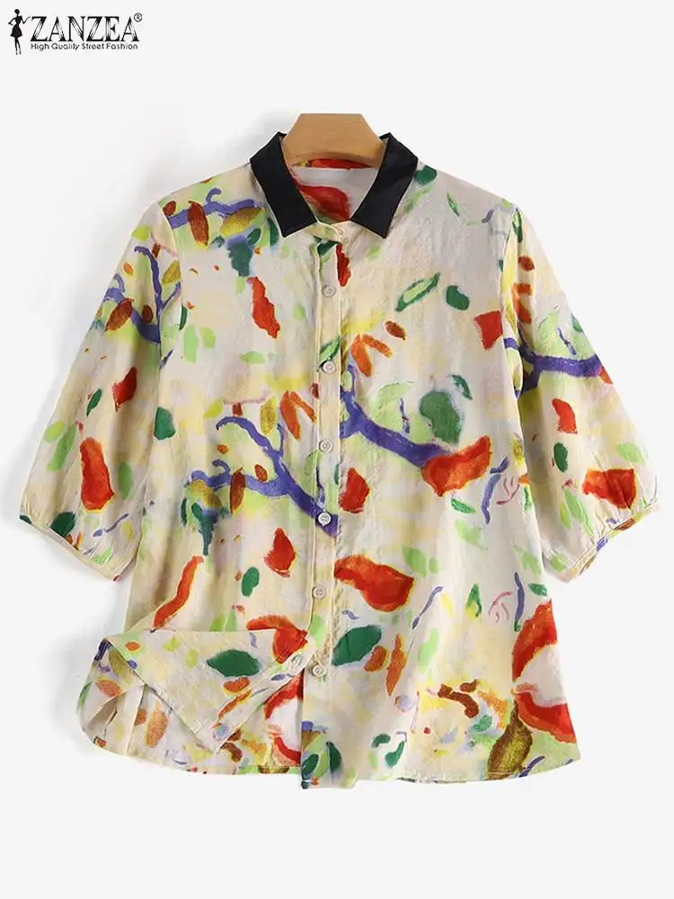 

ZANZEA Casual Half Sleeve Women Shirts 2023 Summer Turn Down Collar Color Block Button Up Blouses Fashion Printing Chemise Tops
