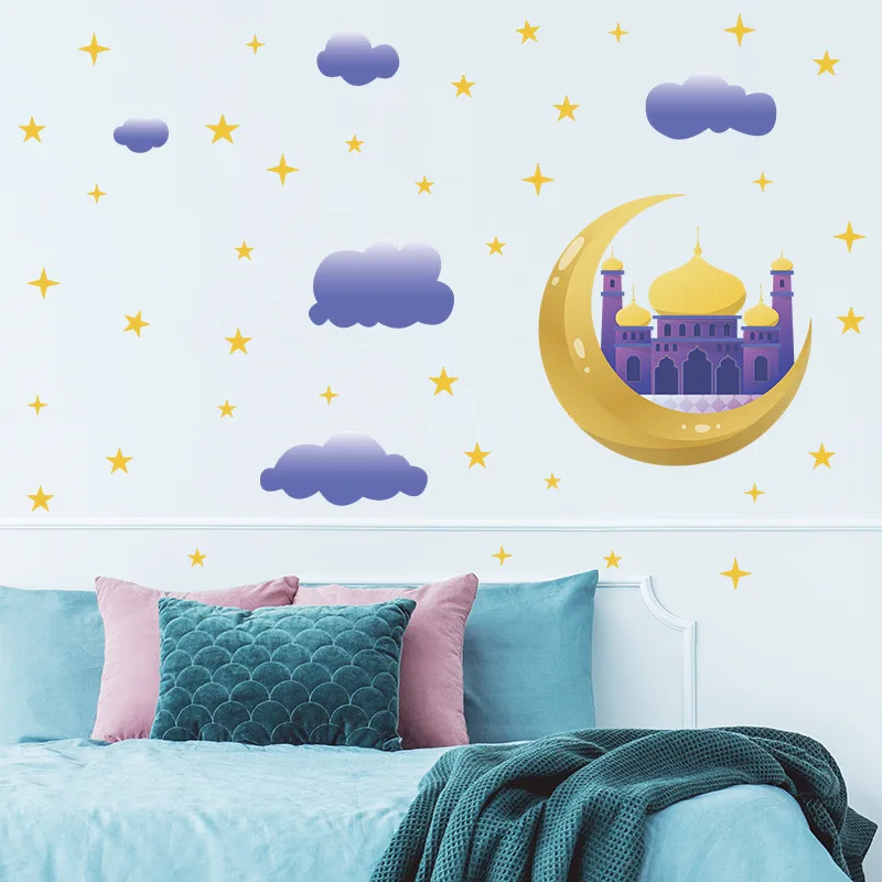 

New Arrival Muslim Holiday Wall Decals Middle East Ramadan Moon Wall Purple Stickers Castle Home Wall Decoration