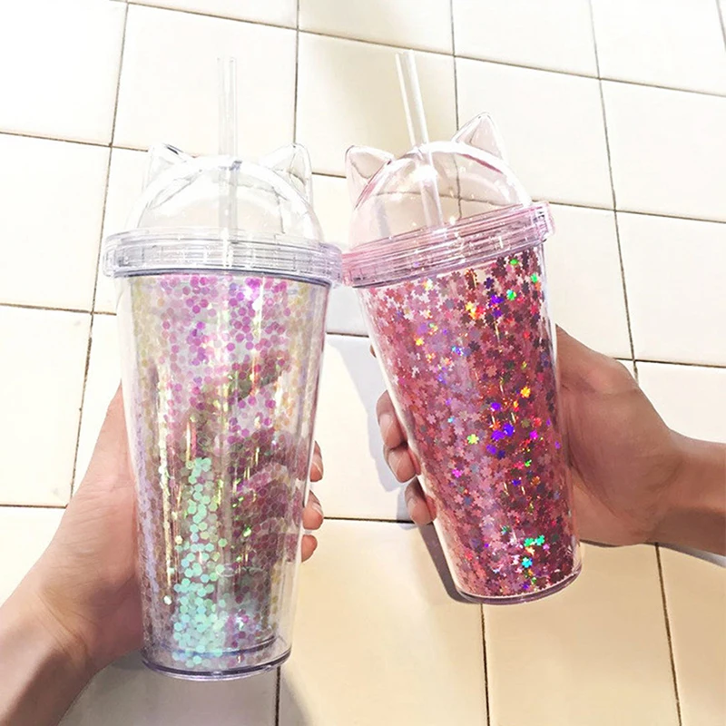 Insulated Double Wall Tumbler Cup with Lid and Straw Glittering Simple Flash Powder Cup Mugs for Travel Shopping Hot and Cold