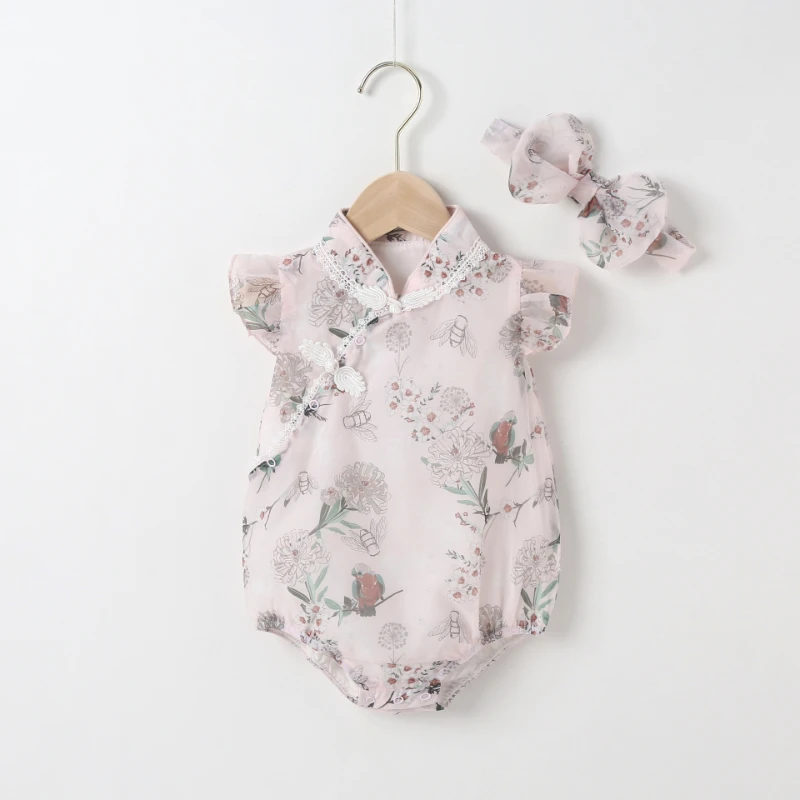 

Folk-custom Baby Jumpsuits+headband Baby Girls Clothes Summer Newborn Clothes Print Cheongsam Flying Sleeve Baby Rompers 0-18M