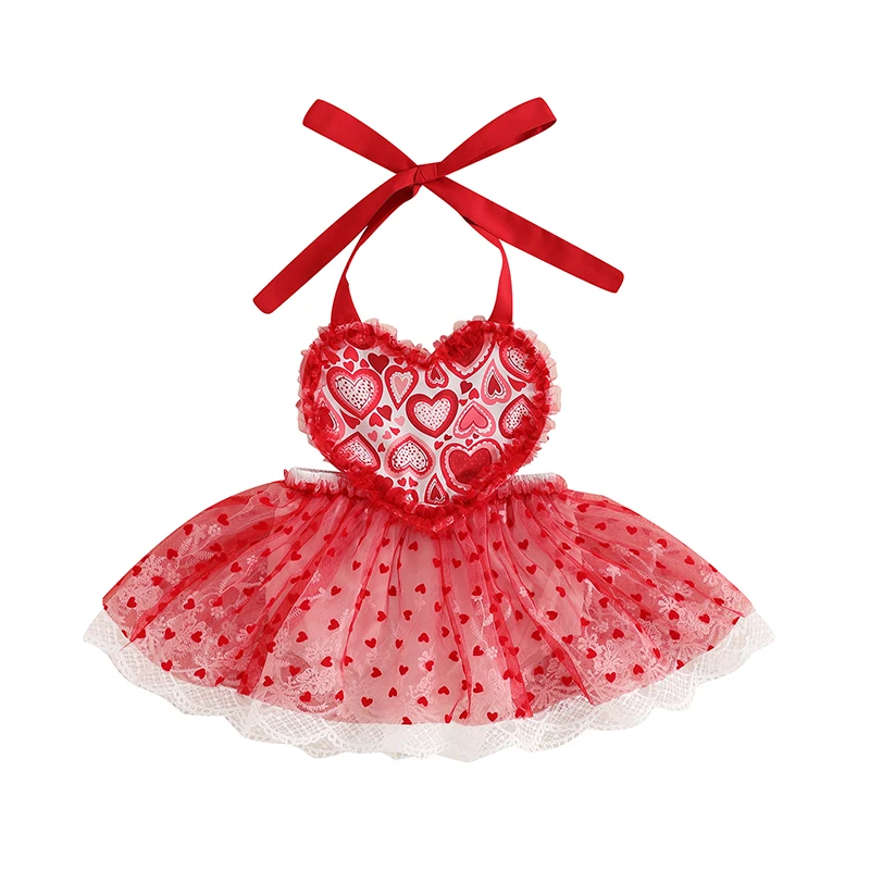 Baby Girl Heart Romper Dress Tie-Up Halter Neck Sleeveless Lace Trim Valentines Day Jumpsuit