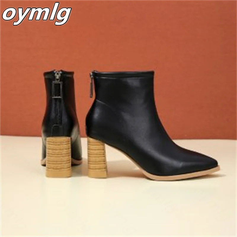 Soft leather pointed toe temperament short boots women's thick heel back zipper high heel ankle boots 2022 autumn new thin boots