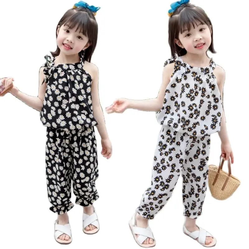

New Summer Thin Girls Chiffon Suit 2 Piece Set Children Sleeveless Clothes Baby Girls Vest + Trousers Casual Outfits daisy Top