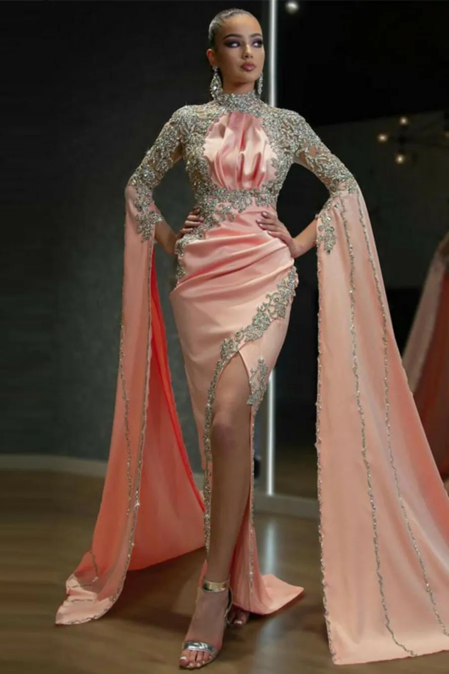 

2023 Pink Beaded Sequins Evening Gown Luxury High Slit Long Sleeves Prom Party Celebrity Birthday Dresses Pageant Miss Robe Gala